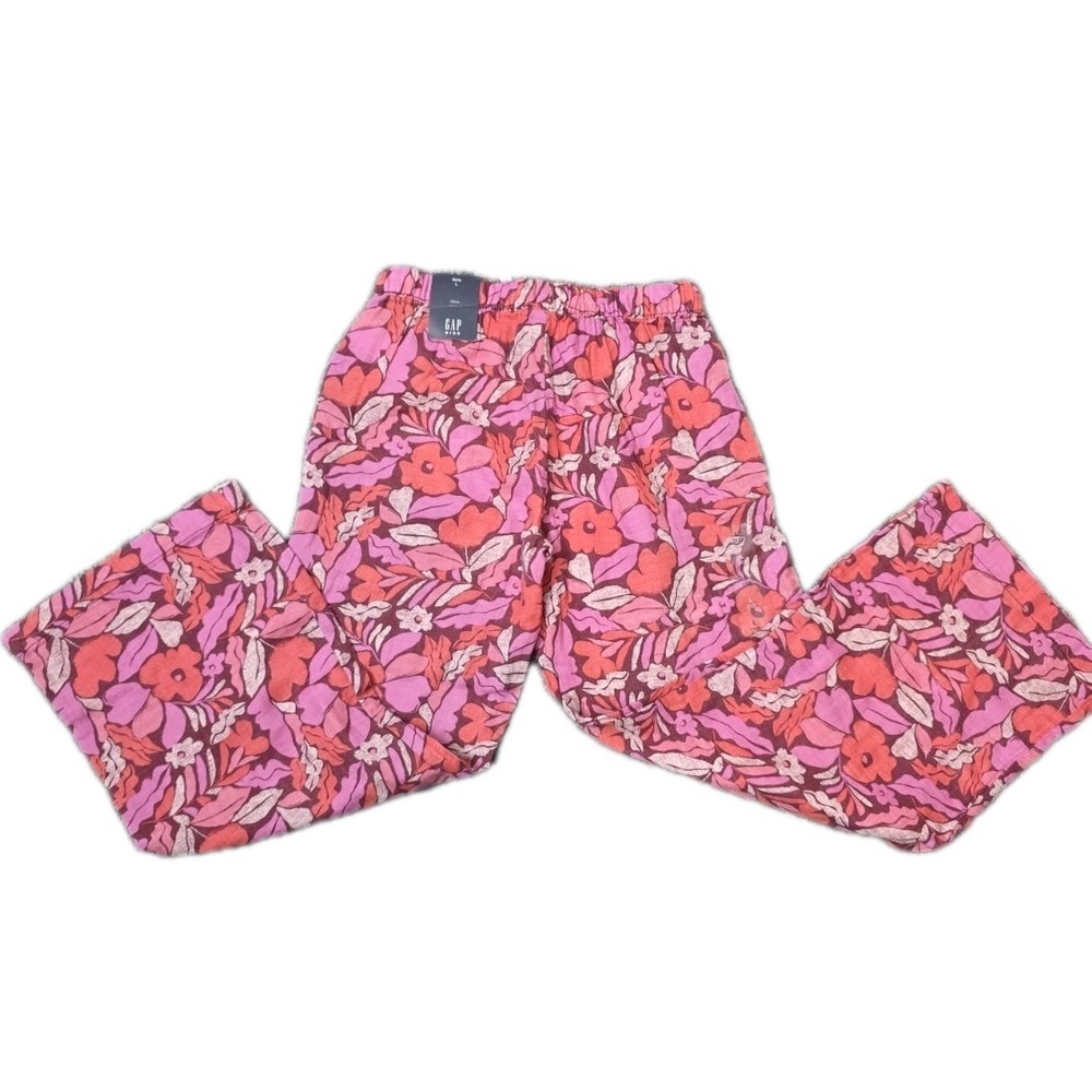 Gap Kids Floral Wide Pants Pink Girls Sz 10 L Cotton Pull On Pockets Flowy Girly